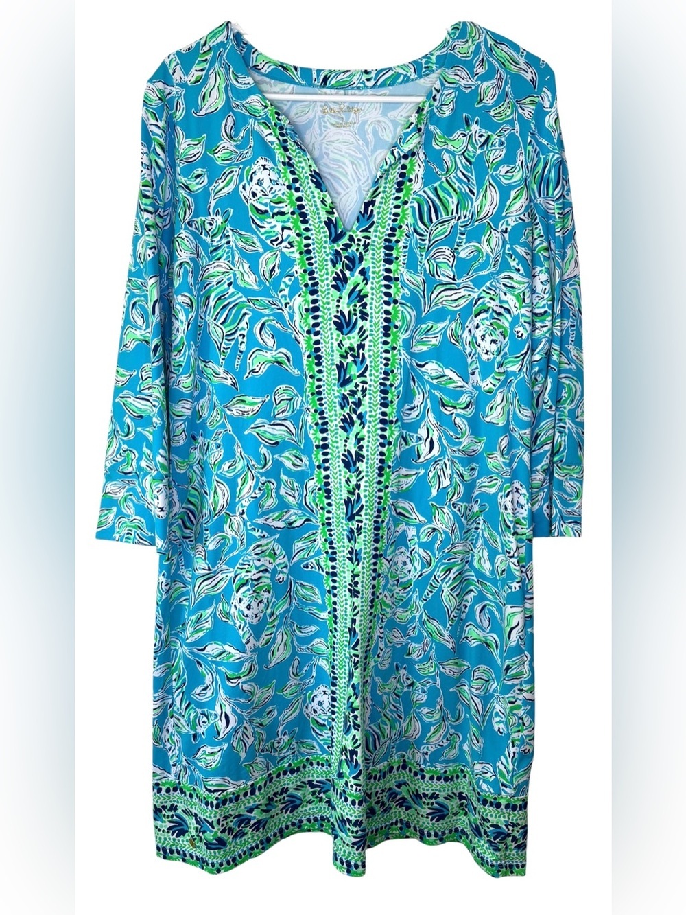 Lilly Pulitzer Nadine UPF 50+ Blue Ibiza Open Water Dress Mosaic Large Preppy